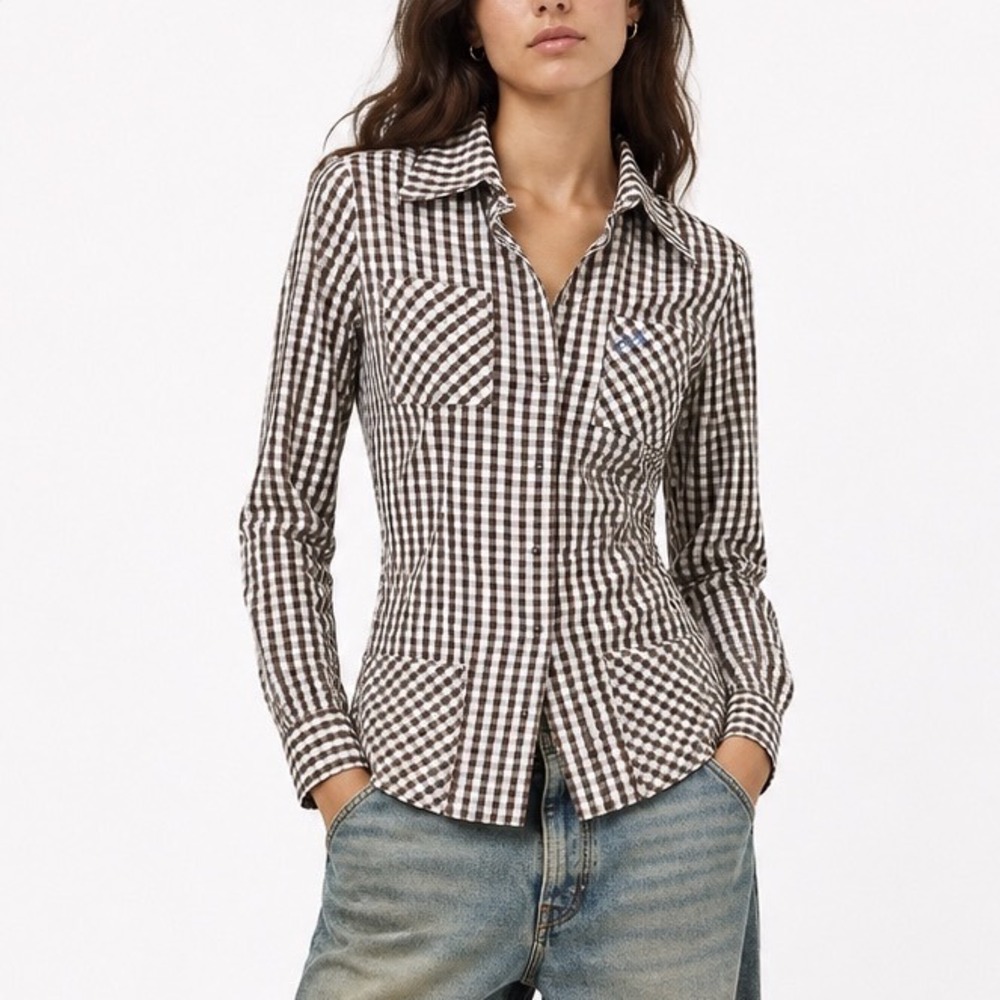ERL Venice Beach Gingham Blouse Women's XS Brown White Cotton Button Down Preppy